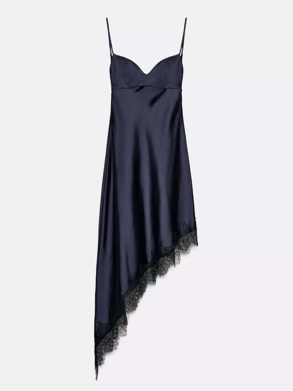 Zara Navy Satin Asymmetric Slip Dress with Black Lace Hem